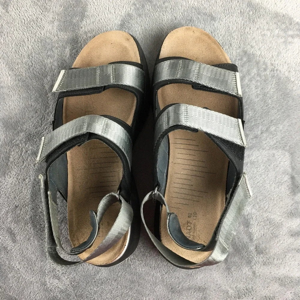 Naot Apollo Women 41 L10 Black Silver Metallic Leather Strappy Sport‎ Sandals